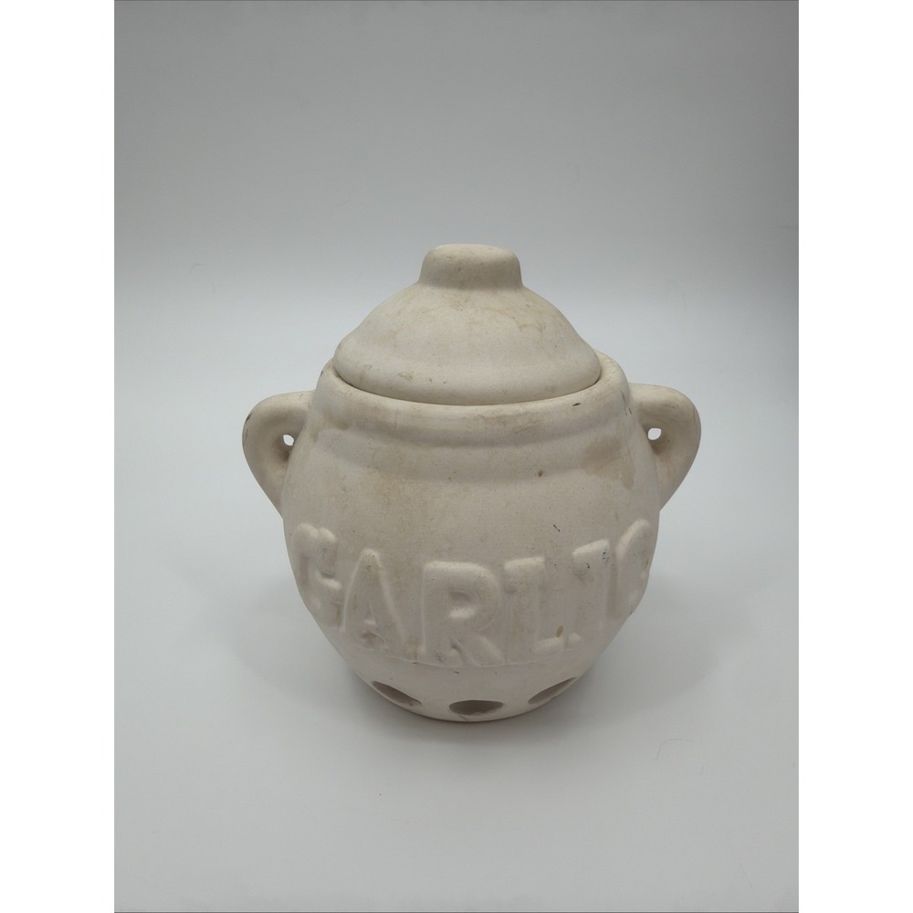 Garlic Keeper Holder Crock Jar with Lid Vintage Unglazed Ceramic Beige Vintage